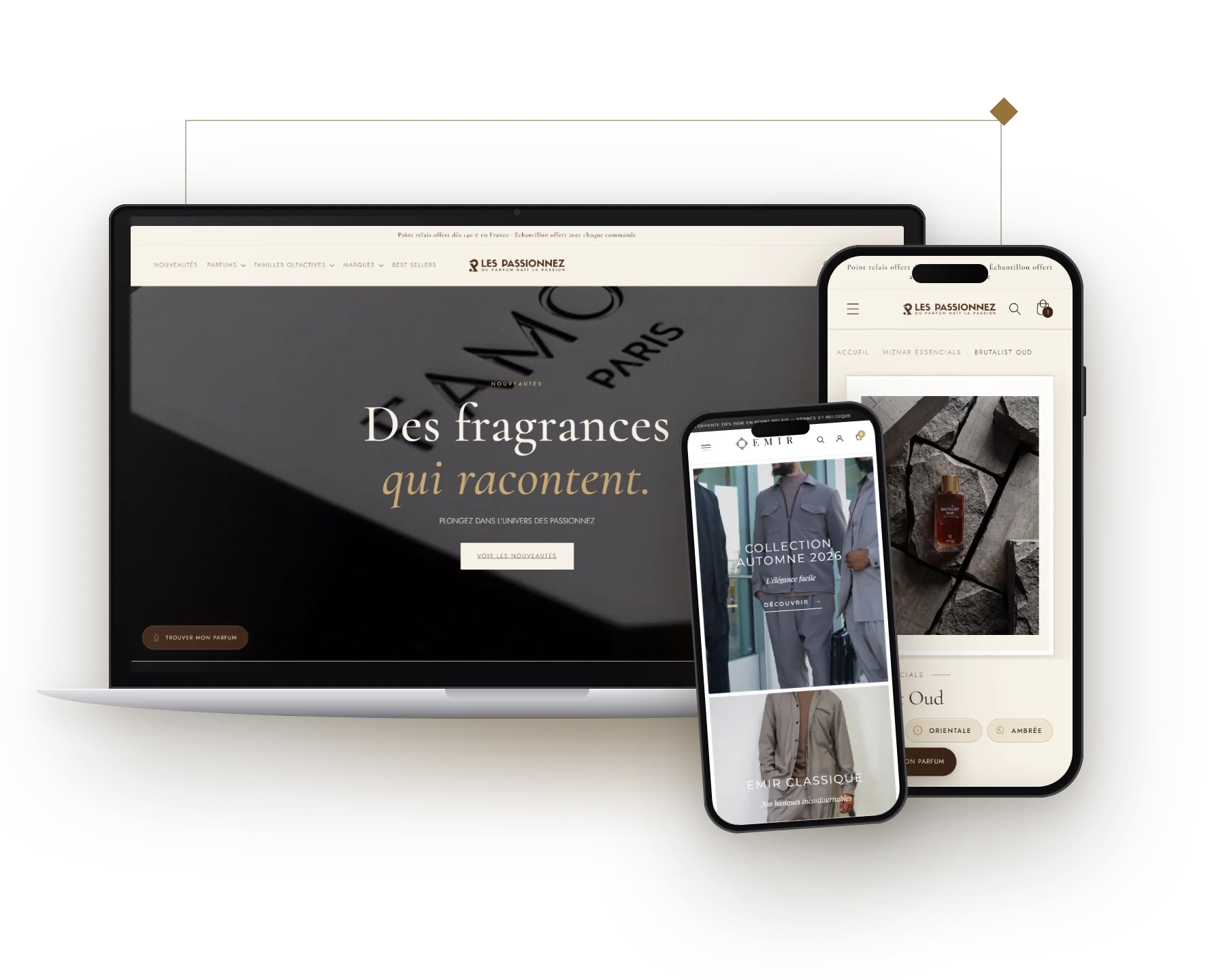 Boutiques Les Passionnez et EMIR présentées sur ordinateur et smartphone