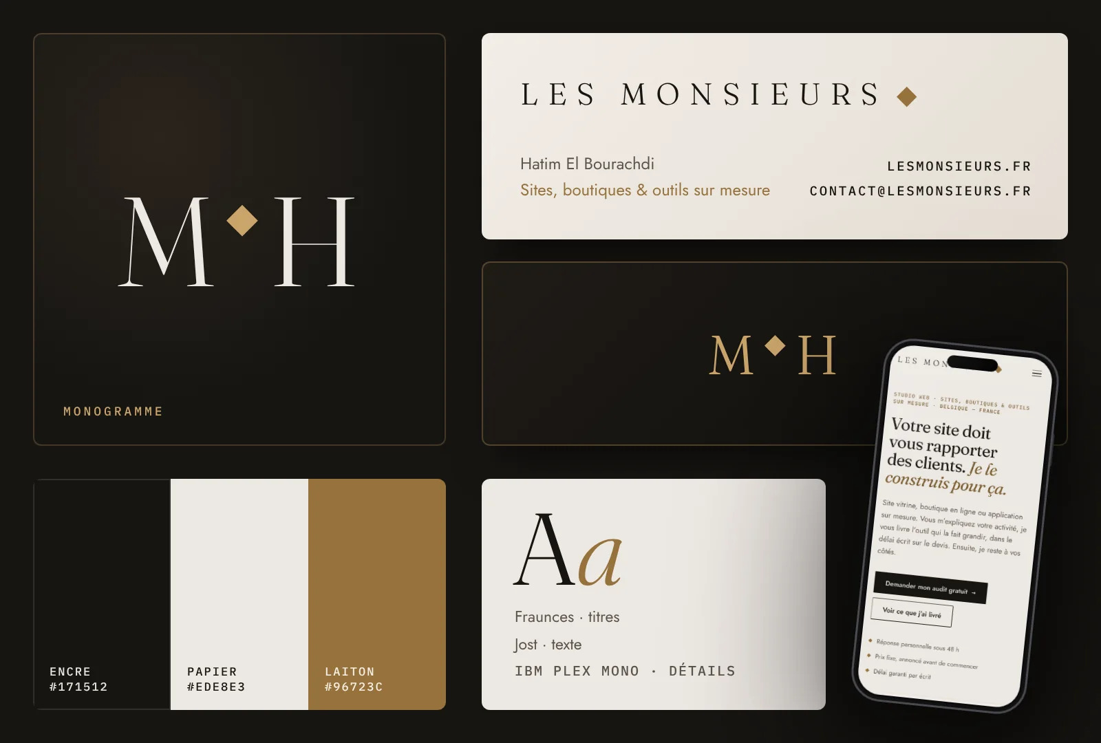 Identité Les Monsieurs : monogramme, cartes de visite, couleurs, typographies et site mobile