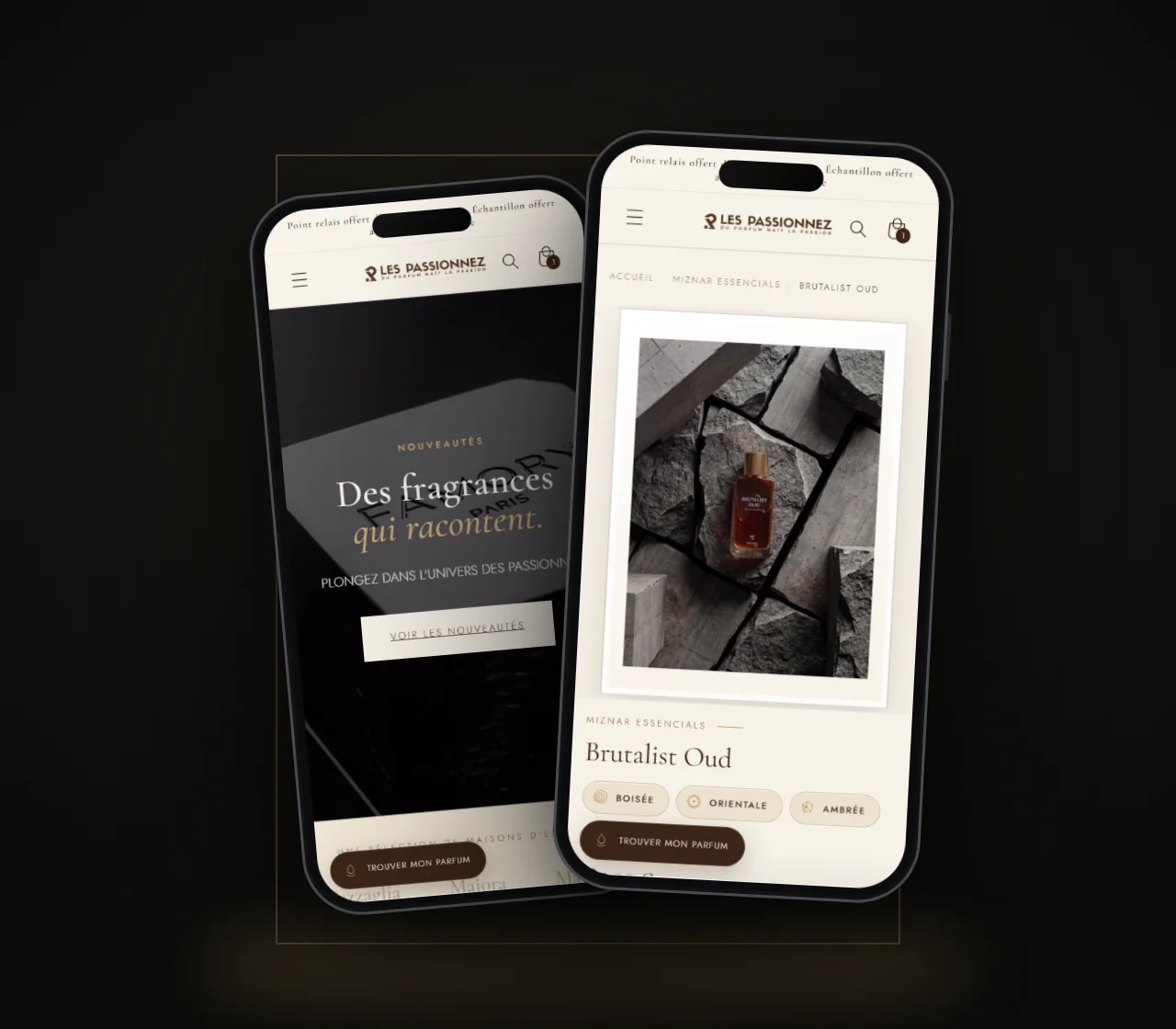 Boutique Les Passionnez sur smartphone : accueil et fiche produit